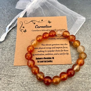 CARNELIAN Bracelet Stretch Fit Handmade With Gift Bag & Card Crystal Gemstone 8mm