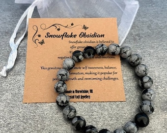 SNOWFLAKE OBSIDIAN Bracelet Stretch Fit Handmade With Gift Bag & Card Crystal Gemstone 8mm