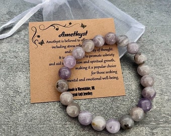 AMETHYST Armband Stretch Fit Handmade mit Geschenk Tasche & Karte Kristall Edelstein 8 mm