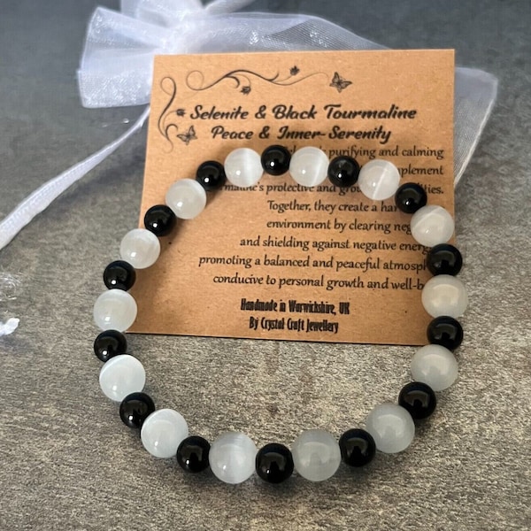 SELENITE and BLACK TOURMALINE Bracelet Stretch Fit Handmade With Gift Bag & Card Crystal Gemstone 8mm