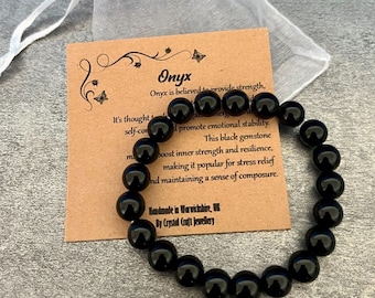 ONYX Armband Stretch Fit Handmade mit Geschenkbeutel & Karte Kristall Edelstein 8mm