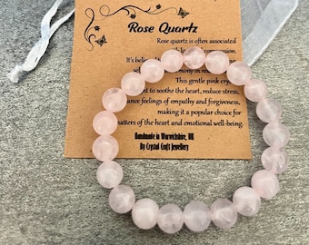 ROSE QUARTZ Bracelet Stretch Fit Handmade With Gift Bag & Card Crystal Gemstone 8mm