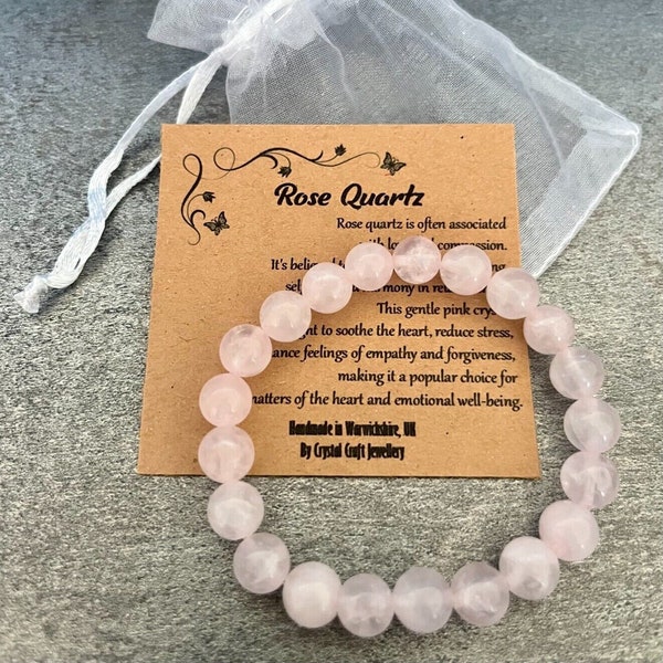 ROSE QUARTZ Bracelet Stretch Fit Handmade With Gift Bag & Card Crystal Gemstone 8mm