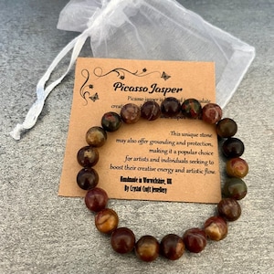 Bracciale PICASSO JASPER elastico fatto a mano con sacchetto regalo e biglietto, pietra preziosa di cristallo da 8 mm