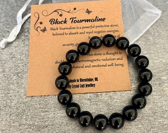 BLACK TOURMALINE Bracelet Stretch Fit Handmade With Gift Bag & Card Crystal Gemstone 8mm