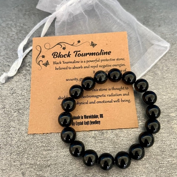 BLACK TOURMALINE Bracelet Stretch Fit Handmade With Gift Bag & Card Crystal Gemstone 8mm