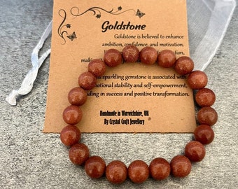 GOLDSTONE Bracelet Stretch Fit Handmade With Gift Bag & Card Crystal Gemstone 8mm