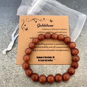 GOLDSTONE Bracelet Stretch Fit Handmade With Gift Bag & Card Crystal Gemstone 8mm