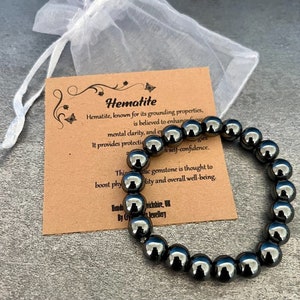 HEMATITE Bracelet Stretch Fit Handmade With Gift Bag & Card Crystal Gemstone 8mm