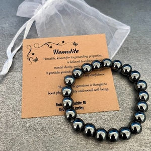 HEMATITE Bracelet Stretch Fit Handmade With Gift Bag & Card Crystal Gemstone 8mm