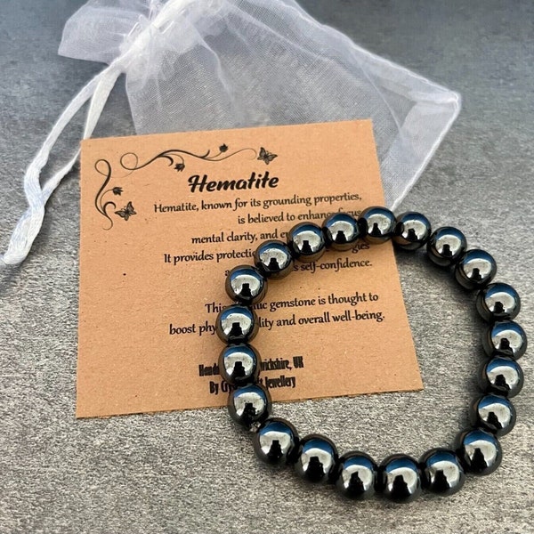 HEMATITE Bracelet Stretch Fit Handmade With Gift Bag & Card Crystal Gemstone 8mm