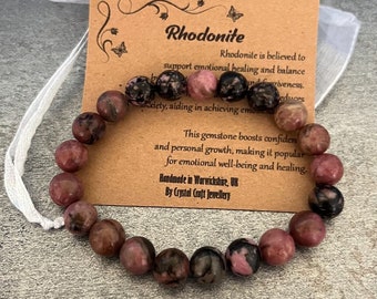 RHODONITE Bracelet Stretch Fit Handmade With Gift Bag & Card Crystal Gemstone 8mm