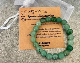 Pulsera de AVENTURINA VERDE elástica hecha a mano con bolsa de regalo y tarjeta con piedras preciosas de cristal de 8mm