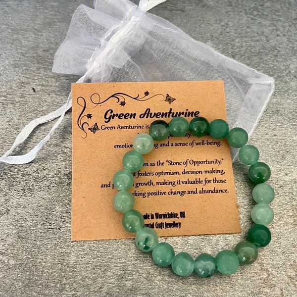 GREEN AVENTURINE Armband Stretch Fit Handgemacht Mit Geschenktüte & Karte Kristall Edelstein 8mm