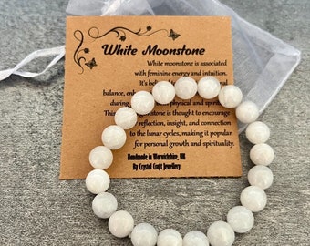 WEISSER MONDSTEIN Armband Stretch Fit Handmade mit Geschenk Tasche & Karte Kristall Edelstein 8 mm