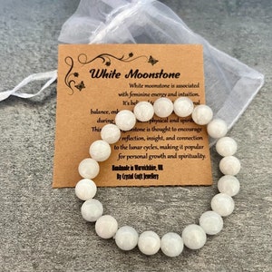 Braccialetto in PIETRA DI LUNA BIANCA Elasticizzato Fatto a mano con sacchetto regalo e biglietto Pietra preziosa di cristallo 8 mm
