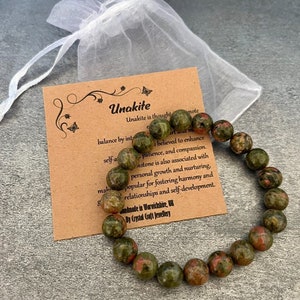 Pulsera UNAKITE Stretch Fit hecha a mano con bolsa de regalo y tarjeta con piedras preciosas de cristal de 8 mm