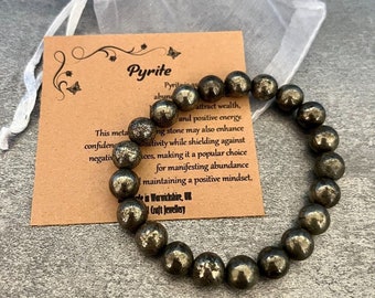 PYRITE Bracelet Stretch Fit Handmade With Gift Bag & Card Crystal Gemstone 8mm