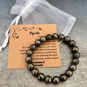 Pulseira PYRITE com ajuste elástico, feita à mão, com saco de presente e cartão, pedra preciosa de cristal de 8 mm