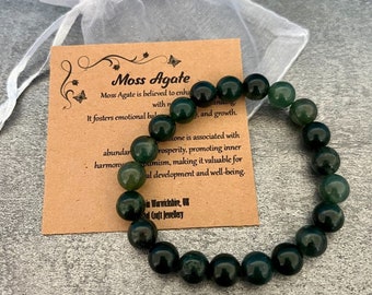 Bracelet MOSS AGATE Stretch Fit fait à la main avec sac cadeau et carte pierre précieuse en cristal 8mm