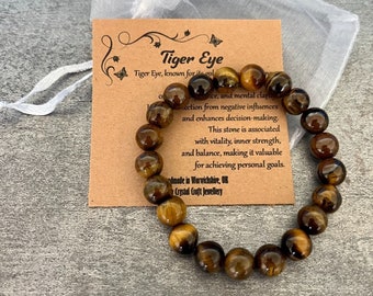 TIGER'S EYE Bracelet Stretch Fit Handmade With Gift Bag & Card Crystal Gemstone 8mm