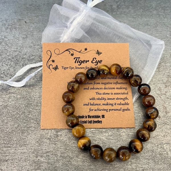 TIGER'S EYE Bracelet Stretch Fit Handmade With Gift Bag & Card Crystal Gemstone 8mm