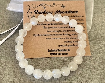 RAINBOW MOONSTONE Bracelet Stretch Fit Handmade With Gift Bag & Card Crystal Gemstone 8mm
