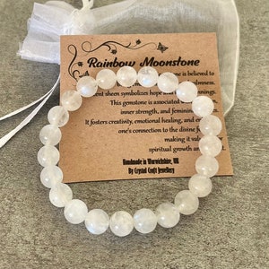Pulsera RAINBOW MOONSTONE Ajuste elástico hecho a mano con bolsa de regalo y tarjeta Piedra preciosa de cristal 8 mm