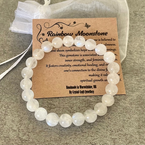 RAINBOW MOONSTONE Bracelet Stretch Fit Handmade With Gift Bag & Card Crystal Gemstone 8mm