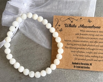 WEISSE MONDSTEIN Armband Stretch Fit Handmade mit Geschenk Tasche & Karte Kristall Edelstein 6 mm