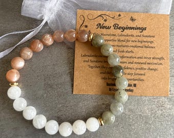 NEW BEGINNINGS Bracelet Stretch Fit Handmade With Gift Bag & Card Crystal Gemstone 8mm - Labradorite, White Moonstone, Sunstone