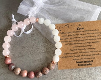 LOVE Bracelet Stretch Fit Handmade With Gift Bag & Card Crystal Gemstone 8mm - White Moonstone, Rhodonite, Rose Quartz