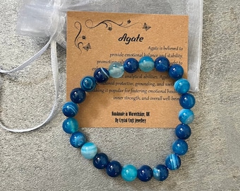 BLAU STREIFEN ACHAT Armband Stretch Fit Handmade mit Geschenktüte & Karte Kristall Edelstein 8 mm