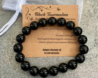 BLACK TOURMALINE Bracelet Stretch Fit Handmade With Gift Bag & Card Crystal Gemstone 10mm