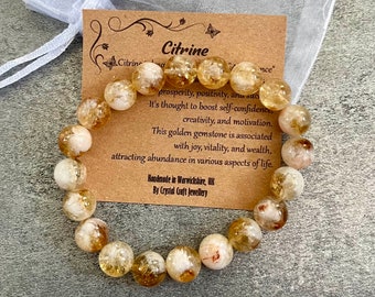 CITRINE Bracelet Stretch Fit Handmade With Gift Bag & Card Crystal Gemstone 10mm