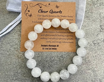 CLEAR QUARZ Armband Stretch Fit Handmade mit Geschenktüte & Karte Kristall Edelstein 10mm