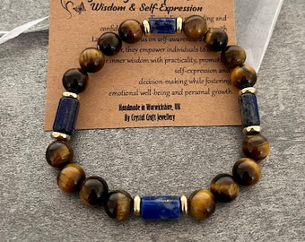 TIGER'S EYE & Lapis Lazuli Stretch Bracelet Handmade Crystal Gemstone For Wisdom