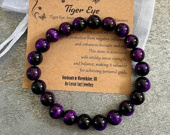 PURPLE TIGER'S EYE Bracelet Stretch Fit Handmade With Gift Bag & Card Crystal Gemstone 8mm