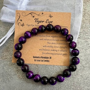 Pulseira OLHO DE TIGRE ROXO Stretch Fit feita à mão com bolsa de presente e cartão de pedra preciosa de cristal 8 mm