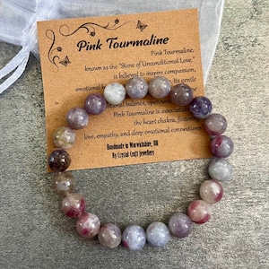 Bracciale TORMALINA ROSA elasticizzato realizzato a mano con sacchetto regalo e biglietto con pietra preziosa di cristallo 8 mm