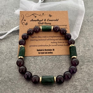 AMETHYST & EMERALD Stretch Bracelet Handmade Crystal Gemstone For Well-Being