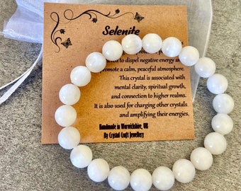 SELENITE armband stretch fit handgemaakt met cadeauzakje en kaart Kristallen edelsteen 8 mm