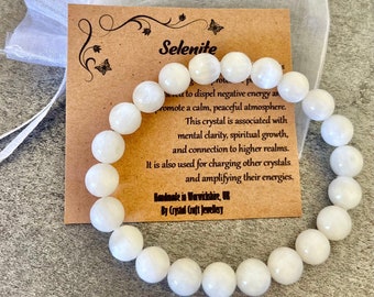 SELENITE Bracelet Stretch Fit Handmade With Gift Bag & Card Crystal Gemstone 8mm