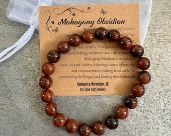 MAHOGANY OBSIDIAN Bracelet Stretch Fit Handmade With Gift Bag & Card Crystal Gemstone 8mm
