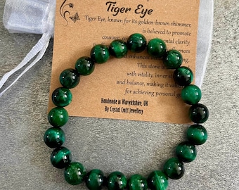 GREEN TIGER'S EYE Bracelet Stretch Fit Handmade With Gift Bag & Card Crystal Gemstone 8mm