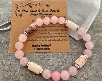 ROSE QUARTZ & Pink Opal Stretch Bracelet Handmade Crystal Gemstone For Inner Harmony
