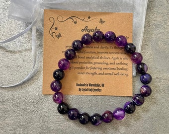PURPLE STRIPED AGATE Bracelet Stretch Fit Handmade With Gift Bag & Card Crystal Gemstone 8mm