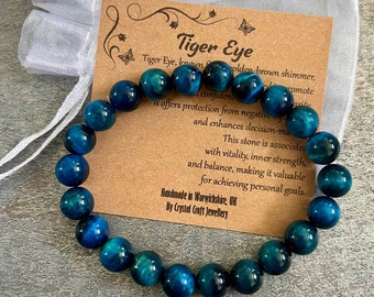 Light BLUE TIGER'S EYE Bracelet Stretch Fit Handmade With Gift Bag & Card Crystal Gemstone 8mm
