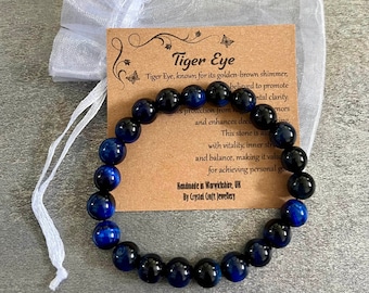 Dark BLUE TIGER'S EYE Bracelet Stretch Fit Handmade With Gift Bag & Card Crystal Gemstone 8mm