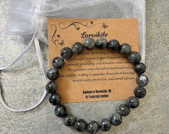 LARVIKITE Bracelet Stretch Fit Handmade With Gift Bag & Card Crystal Gemstone 8mm